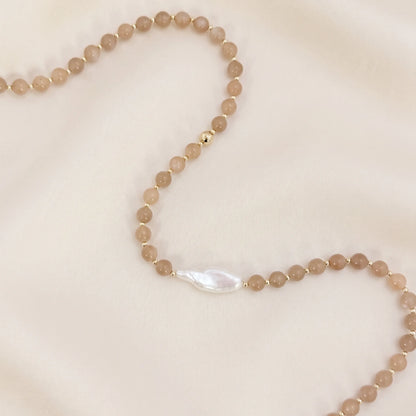 Orange moonstone necklace with 14K gold-filled beads and a baroque freshwater pearl