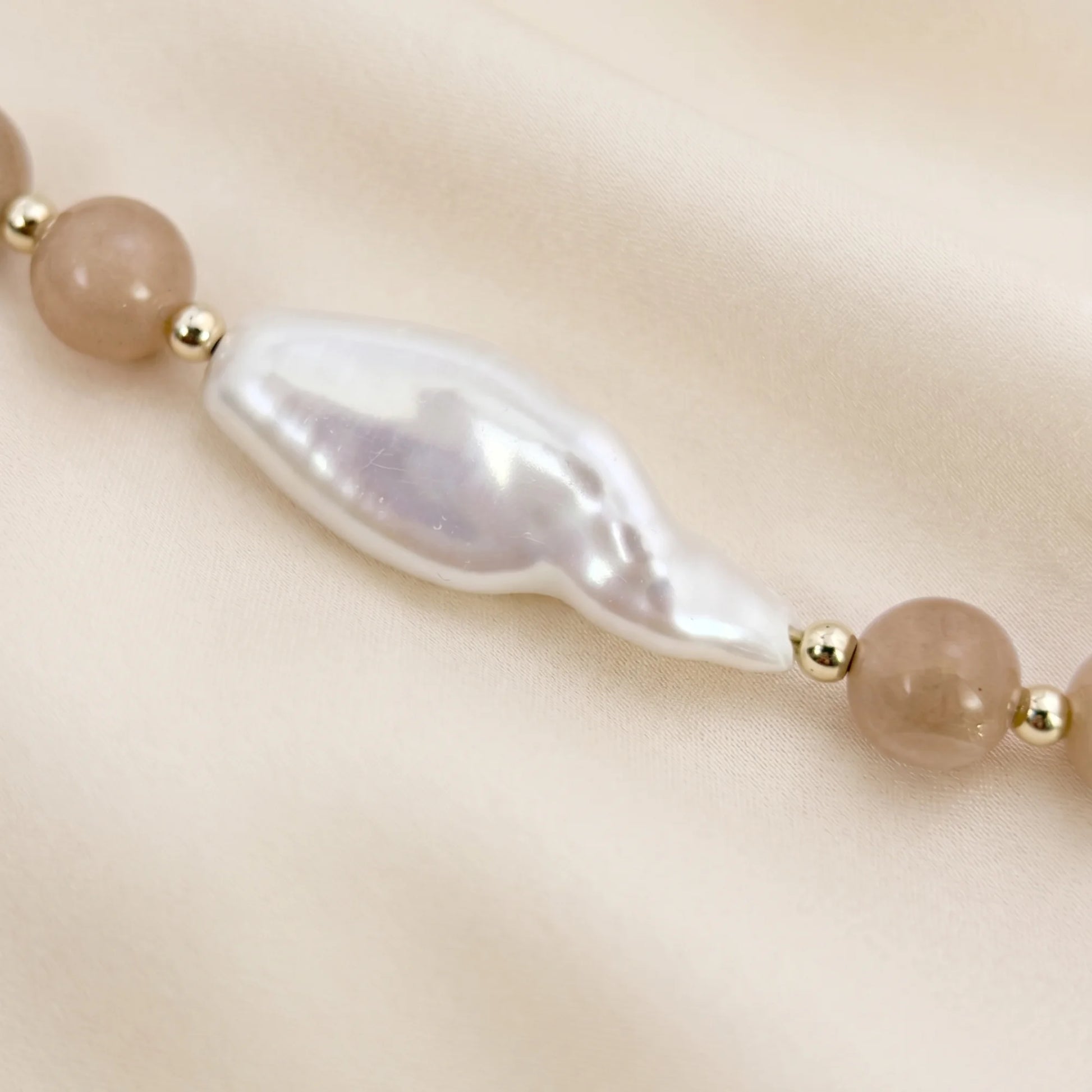 Orange moonstone necklace with 14K gold-filled beads and a baroque freshwater pearl