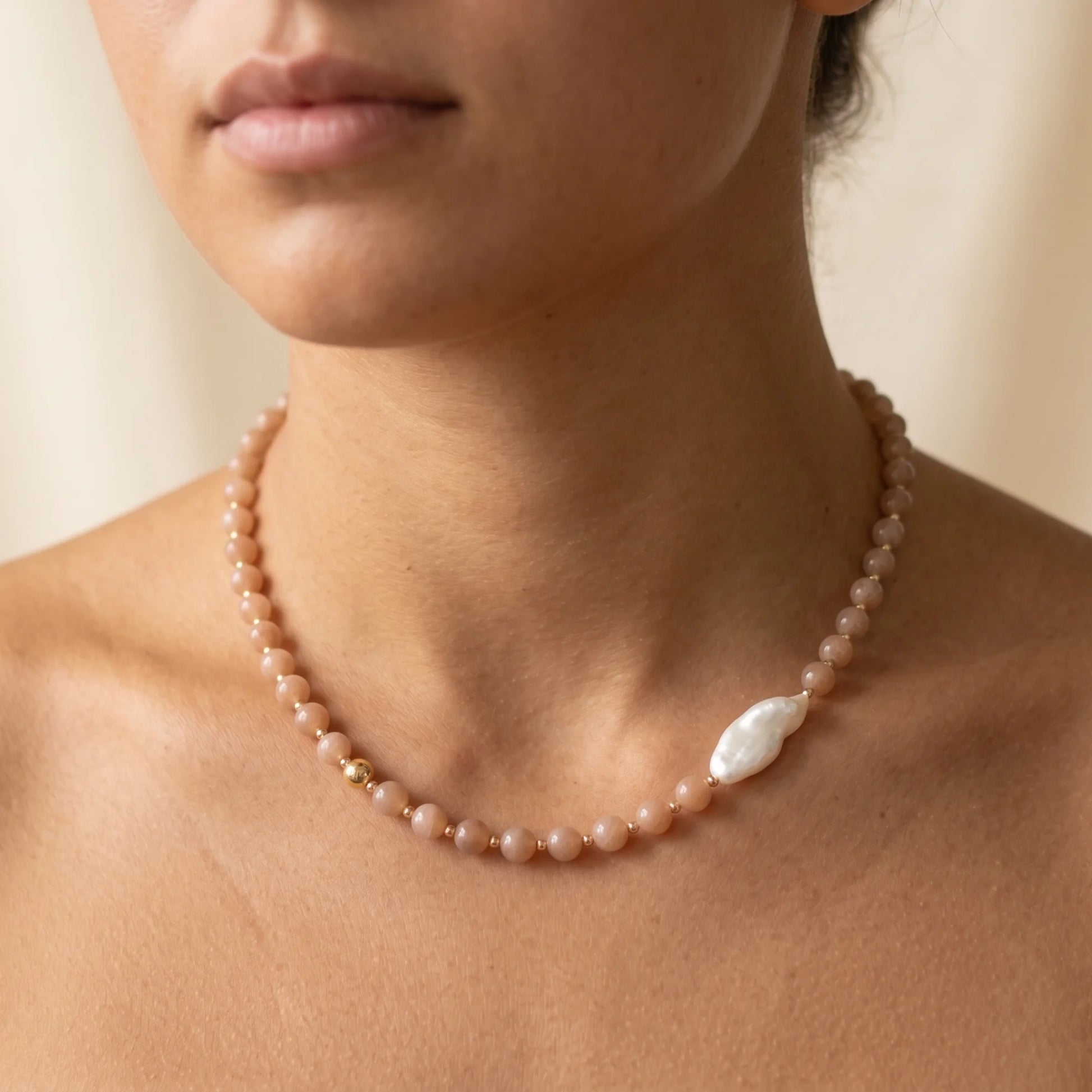 Orange moonstone necklace with 14K gold-filled beads and a baroque freshwater pearl