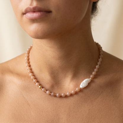 Orange moonstone necklace with 14K gold-filled beads and a baroque freshwater pearl