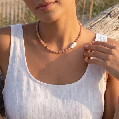 Orange moonstone necklace with 14K gold-filled beads and a baroque freshwater pearl