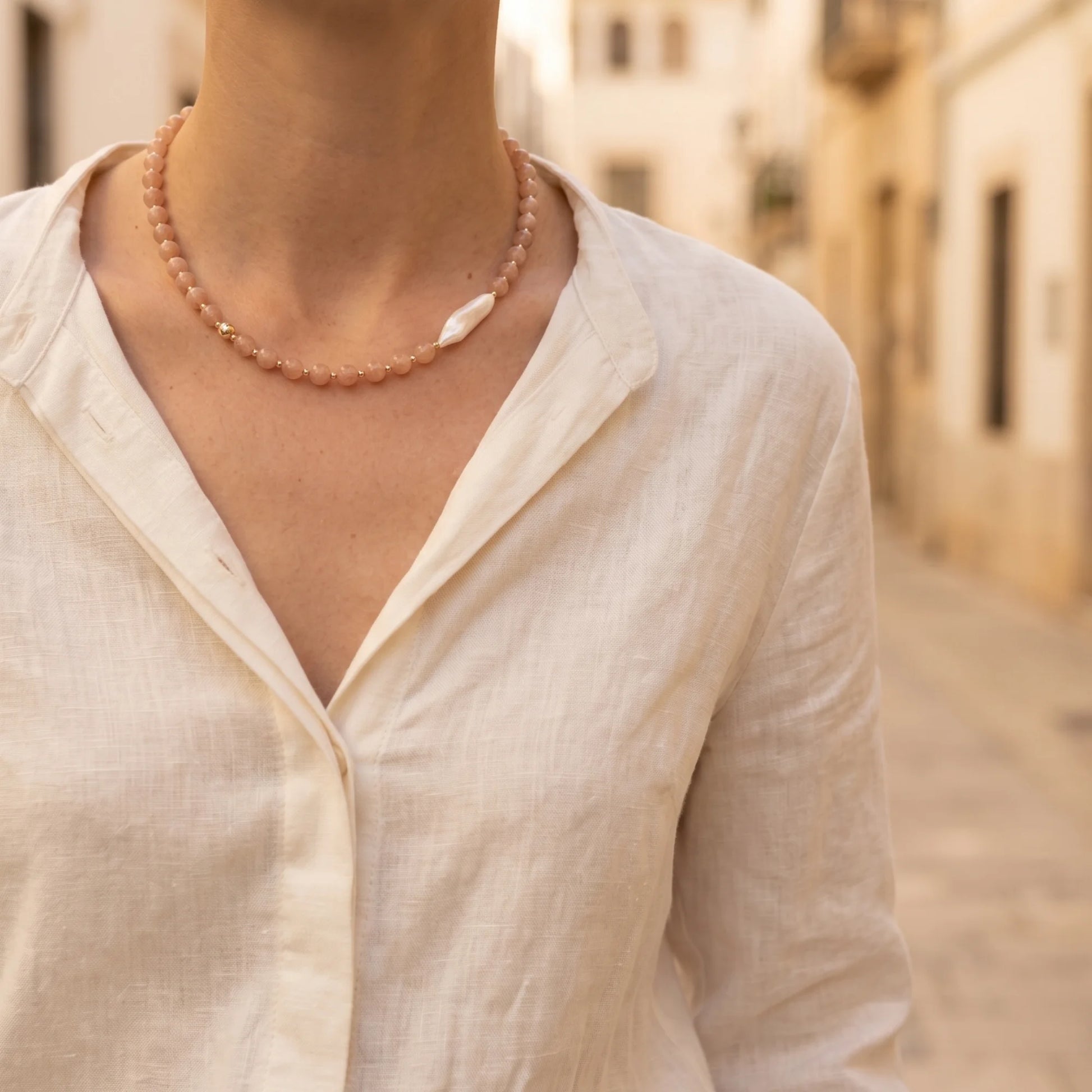 Orange moonstone necklace with 14K gold-filled beads and a baroque freshwater pearl