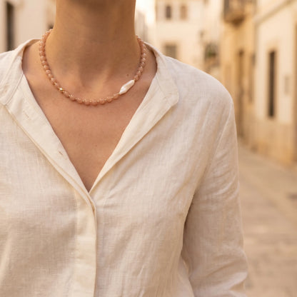 Orange moonstone necklace with 14K gold-filled beads and a baroque freshwater pearl