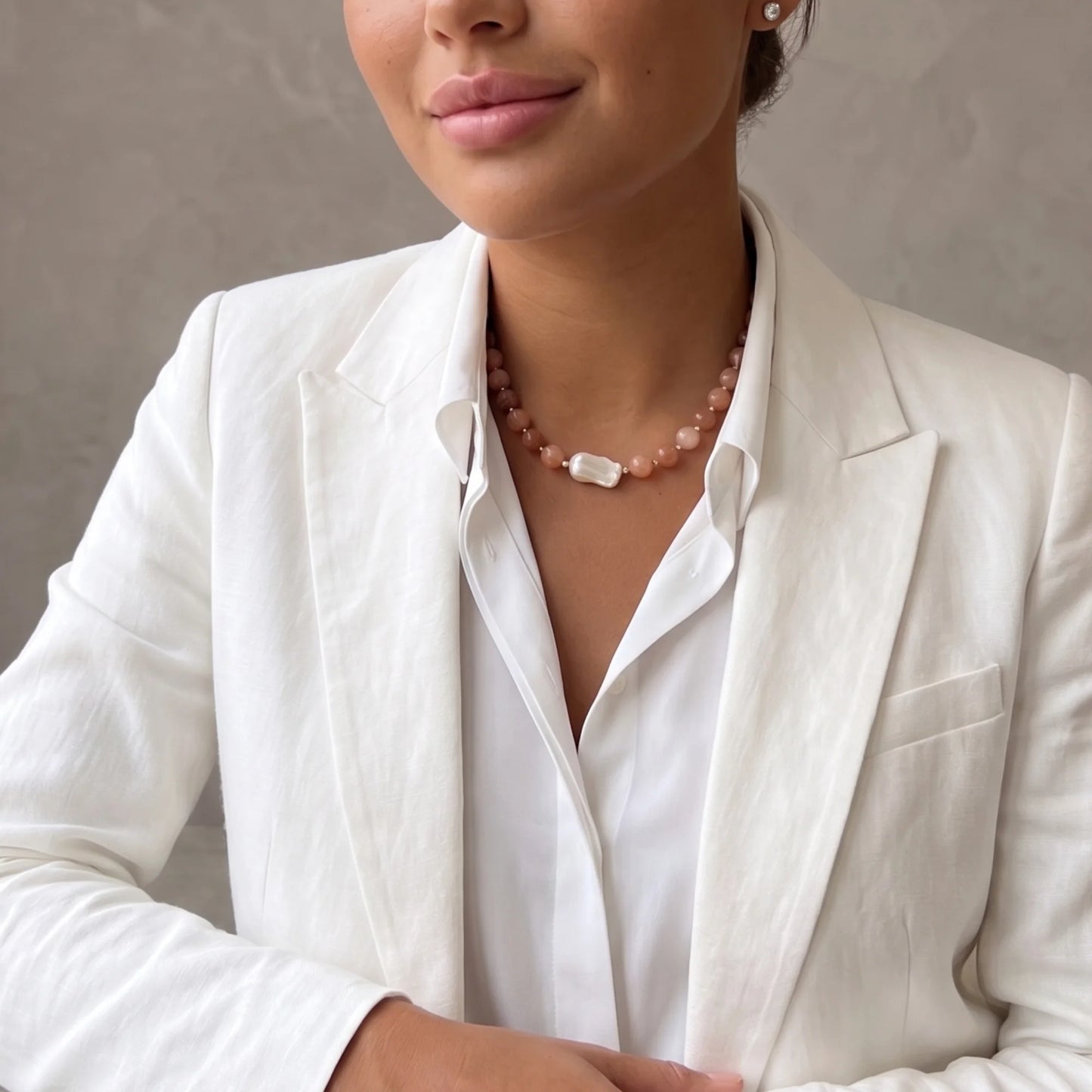 Natural orange moonstone and 14K gold filled beaded necklace with premium freshwater baroque pearl centrepiece, hand-finished in Australia