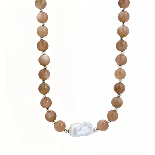 Natural orange moonstone and 925 sterling silver beaded necklace with premium freshwater baroque pearl centrepiece, hand-finished in Australia
