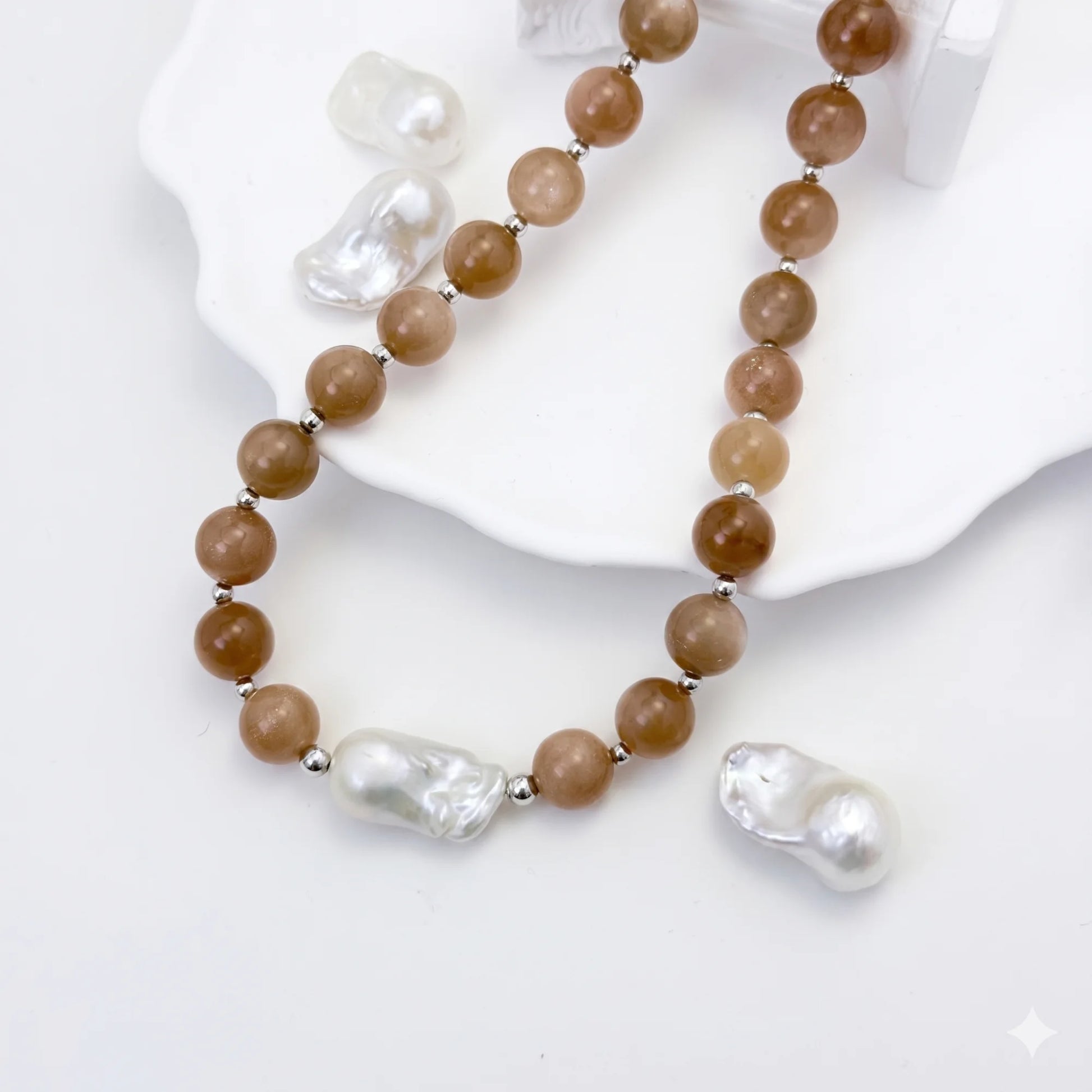 Natural orange moonstone and 925 sterling silver beaded necklace with premium freshwater baroque pearl centrepiece, hand-finished in Australia