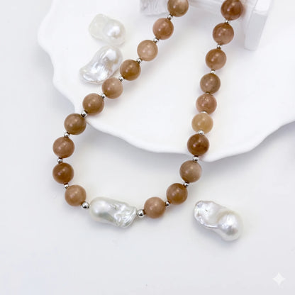 Natural orange moonstone and 925 sterling silver beaded necklace with premium freshwater baroque pearl centrepiece, hand-finished in Australia