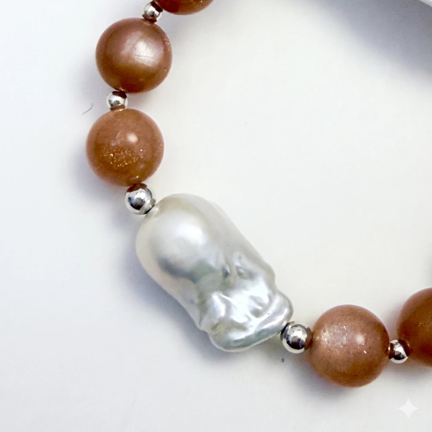 Natural orange moonstone and 925 sterling silver beaded necklace with premium freshwater baroque pearl centrepiece, hand-finished in Australia