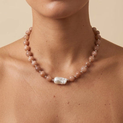 Natural orange moonstone and 925 sterling silver beaded necklace with premium freshwater baroque pearl centrepiece, hand-finished in Australia