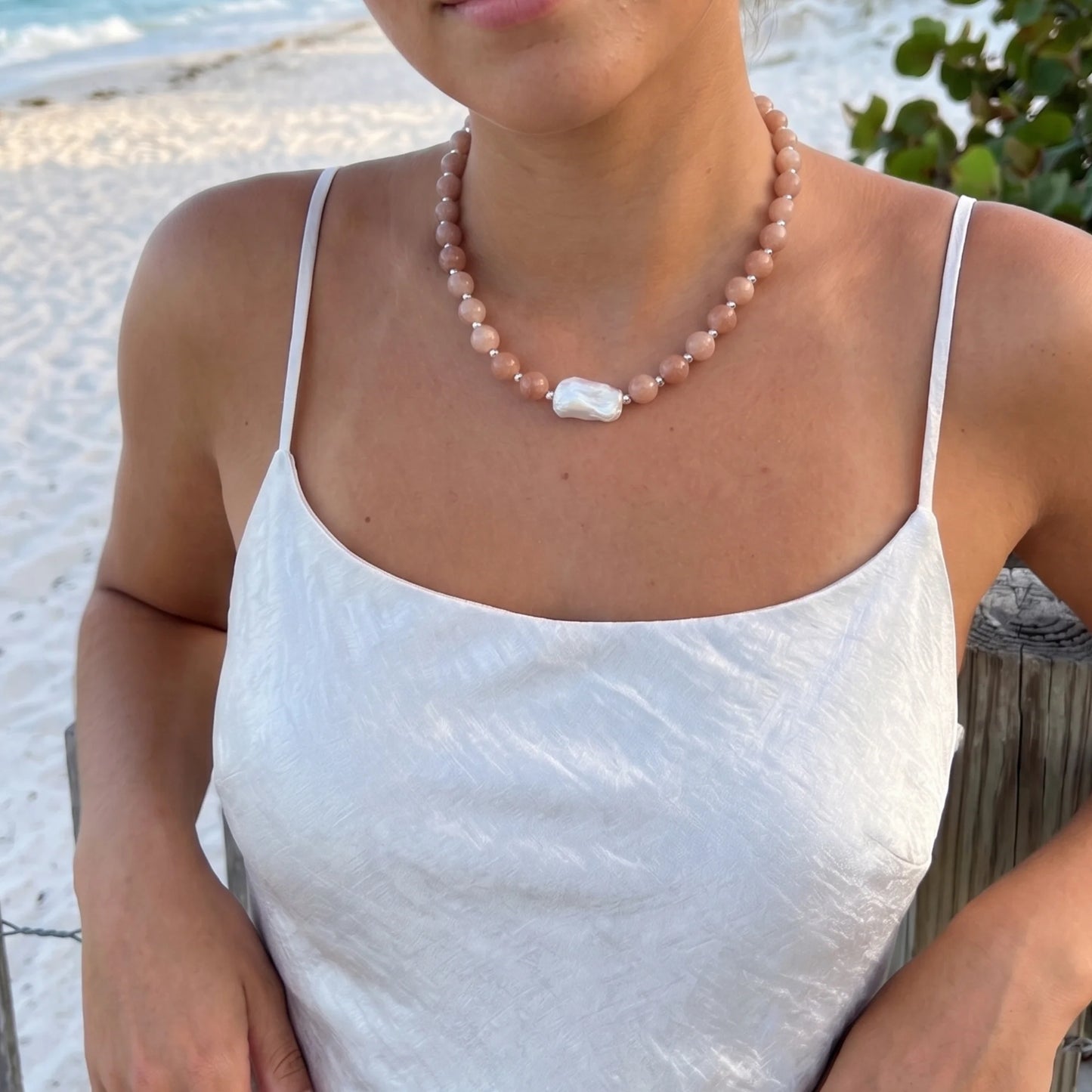 Natural orange moonstone and 925 sterling silver beaded necklace with premium freshwater baroque pearl centrepiece, hand-finished in Australia