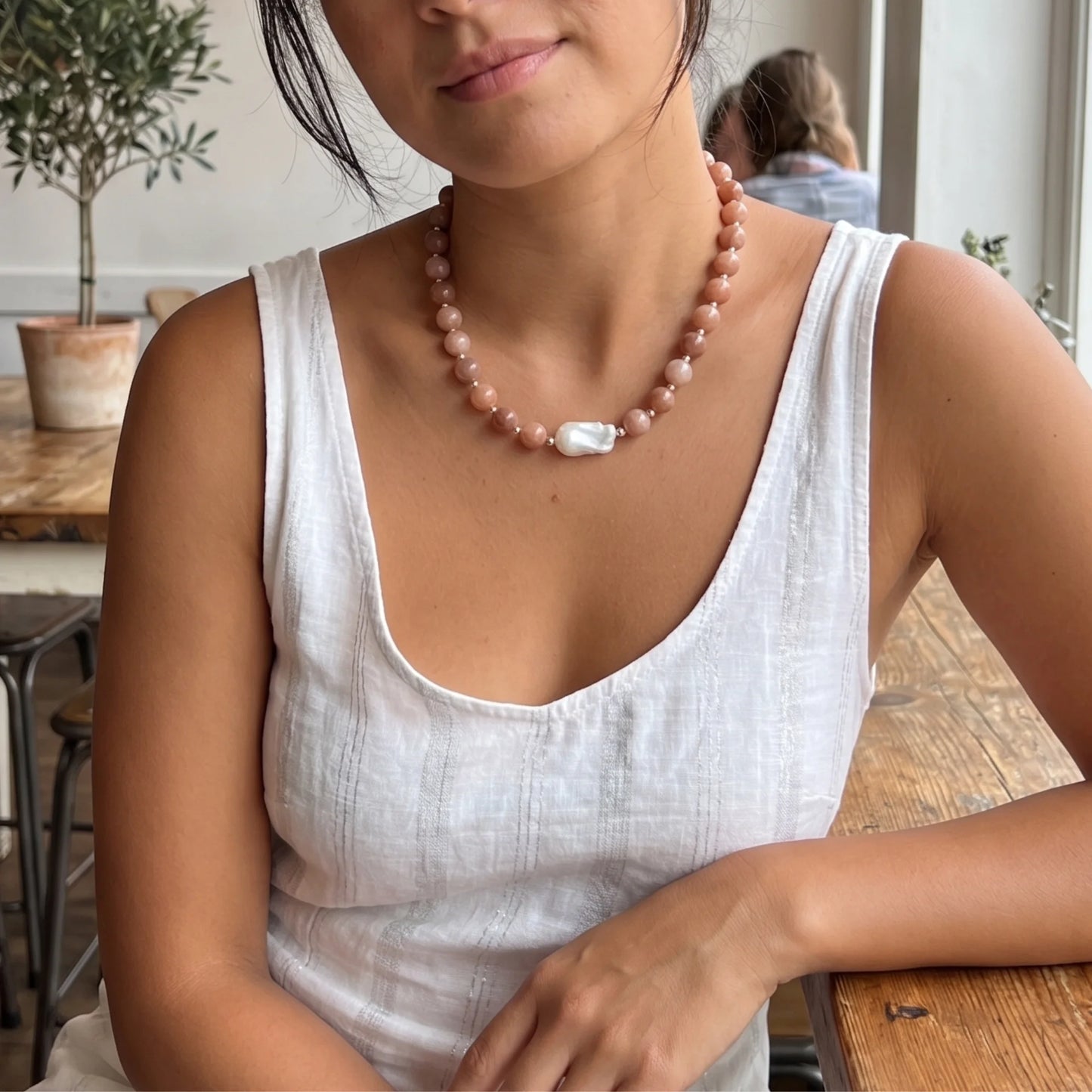 Natural orange moonstone and 925 sterling silver beaded necklace with premium freshwater baroque pearl centrepiece, hand-finished in Australia