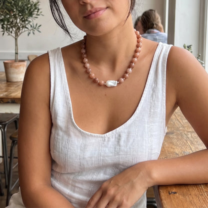 Natural orange moonstone and 925 sterling silver beaded necklace with premium freshwater baroque pearl centrepiece, hand-finished in Australia