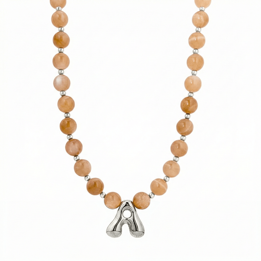 Natural orange moonstone and 925 sterling silver beaded necklace with personalised bubble initial charm, hand-finished in Australia
