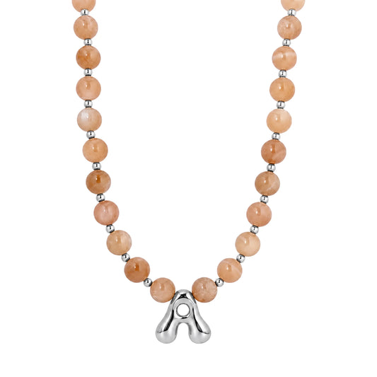 Natural orange moonstone and 925 sterling silver beaded necklace with personalised bubble initial charm, hand-finished in Australia