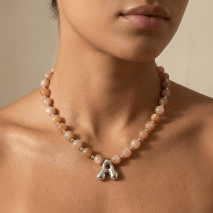 Natural orange moonstone and 925 sterling silver beaded necklace with personalised bubble initial charm, hand-finished in Australia