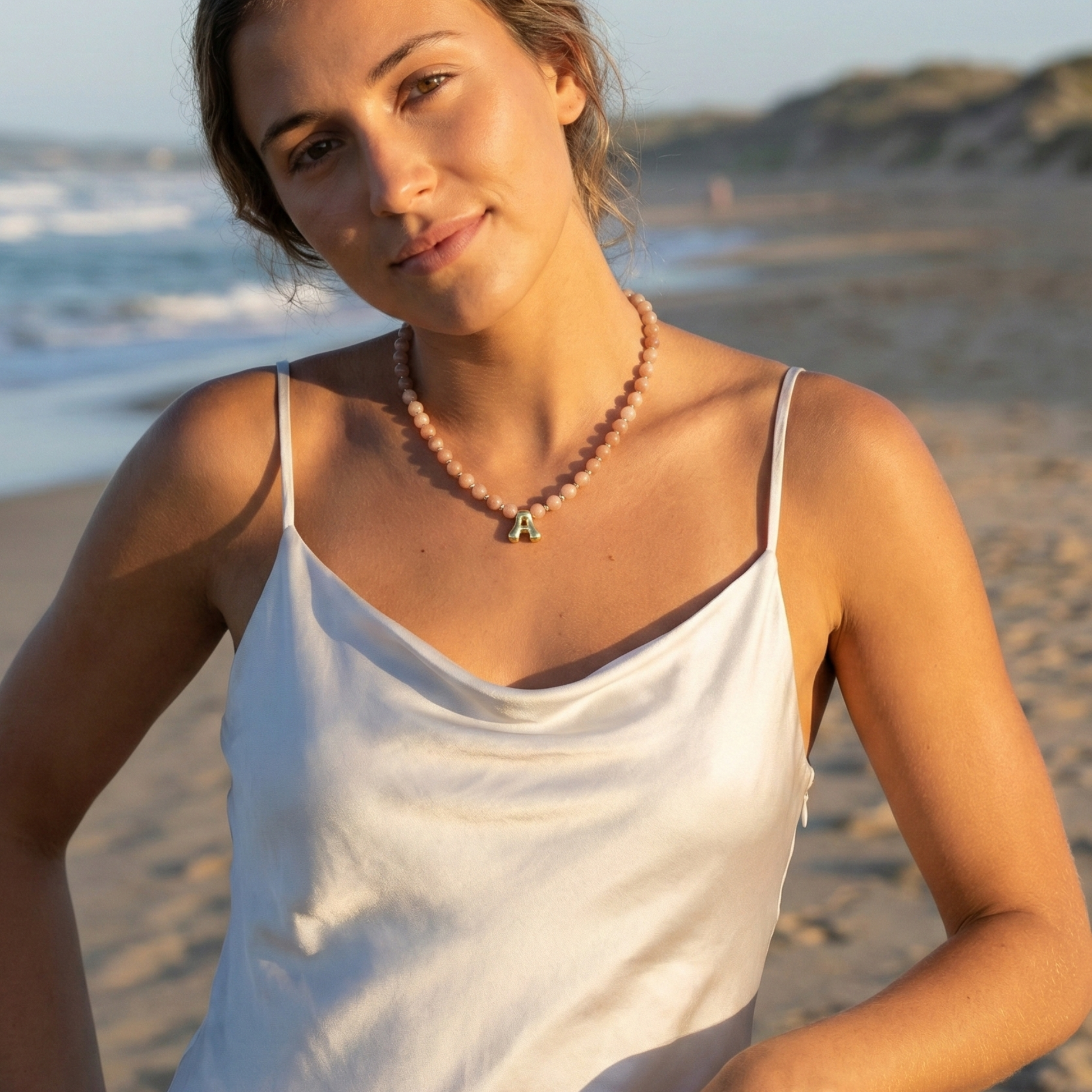 Natural orange moonstone and 925 sterling silver beaded necklace with personalised bubble initial charm, hand-finished in Australia