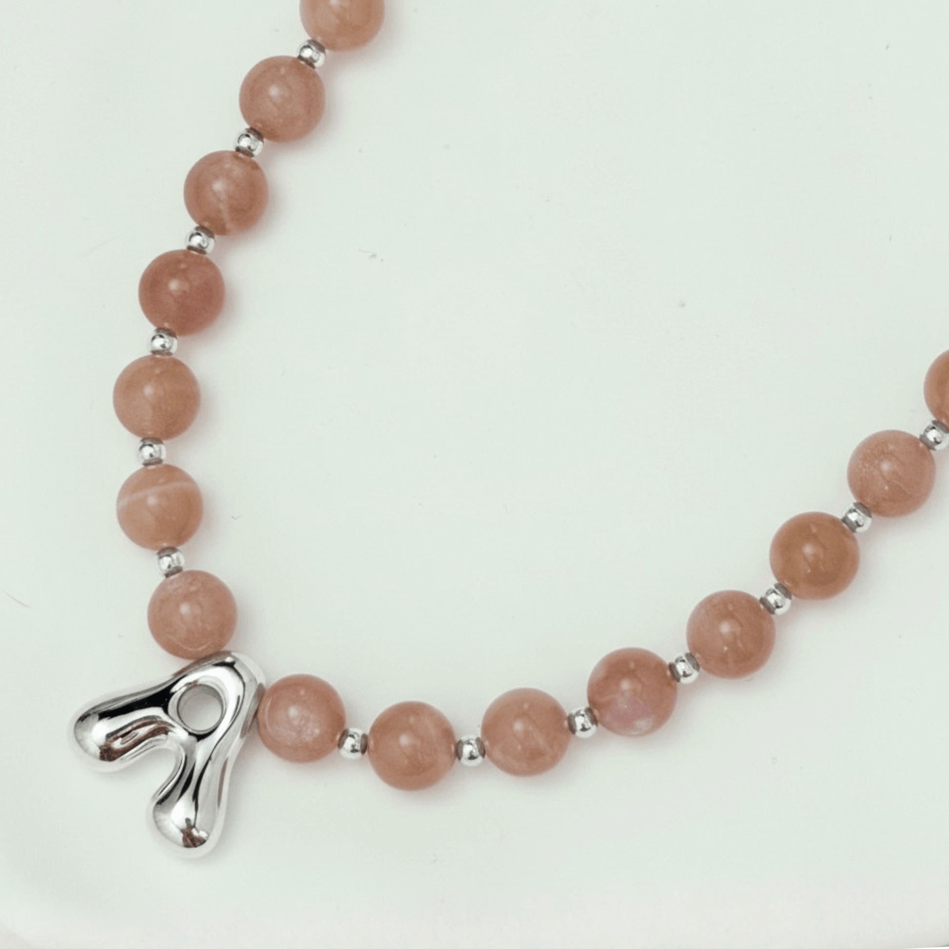 Natural orange moonstone and 925 sterling silver beaded necklace with personalised bubble initial charm, hand-finished in Australia