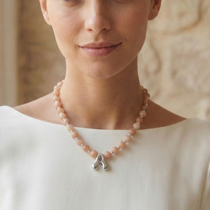 Natural orange moonstone and 925 sterling silver beaded necklace with personalised bubble initial charm, hand-finished in Australia