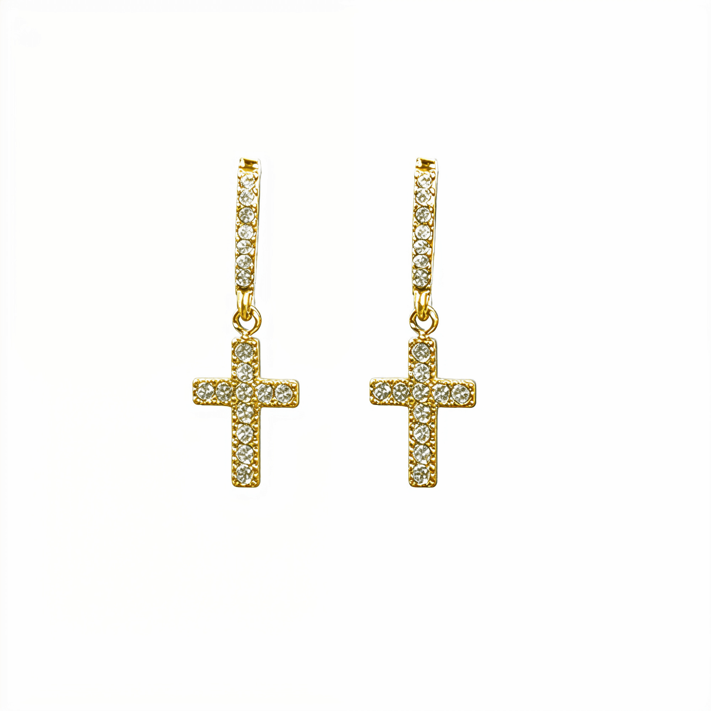 Waterproof gold cross drop earrings with sparkling stones