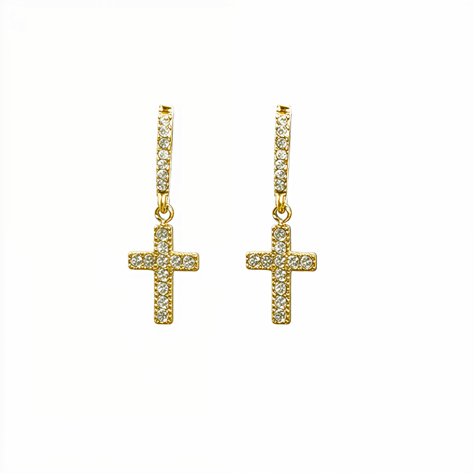 Waterproof gold cross drop earrings with sparkling stones