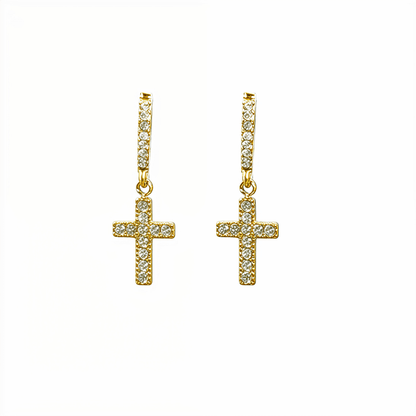 Waterproof gold cross drop earrings with sparkling stones