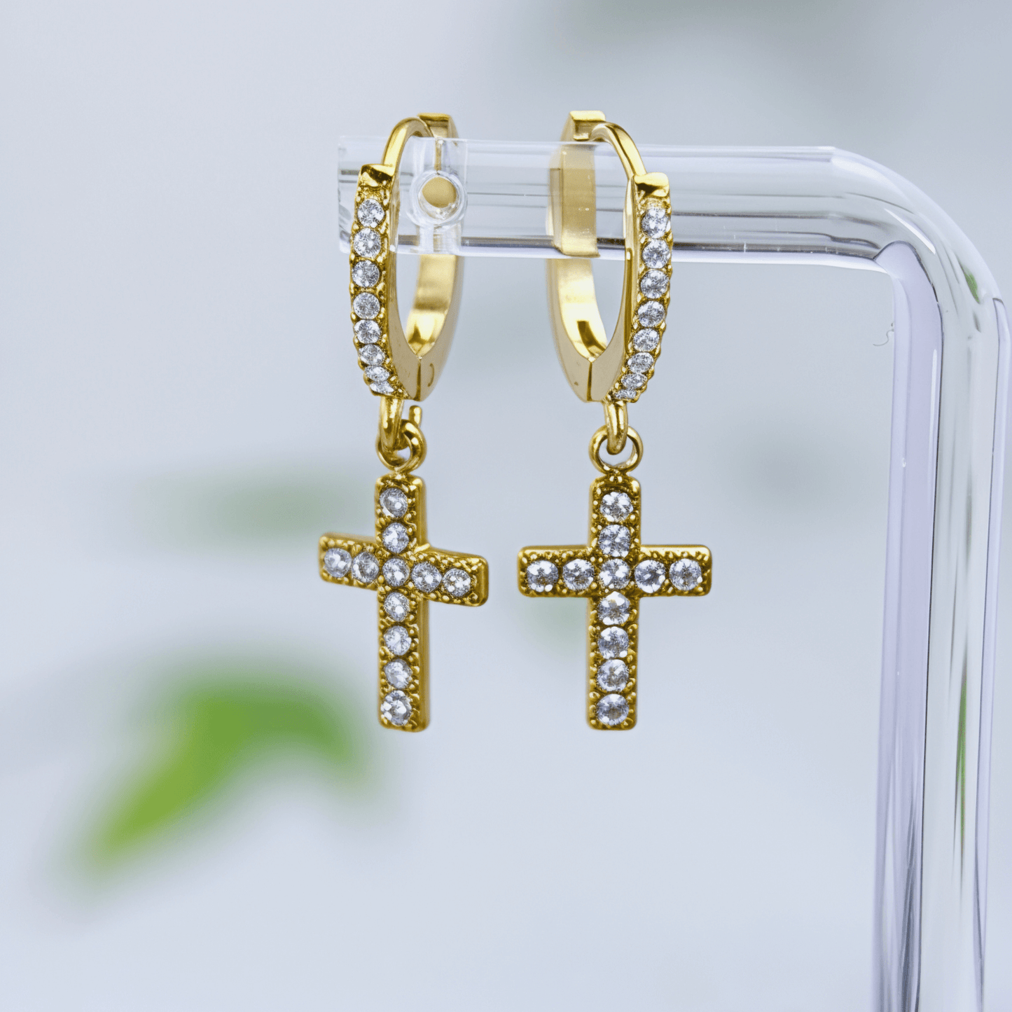 Waterproof gold cross drop earrings with sparkling stones