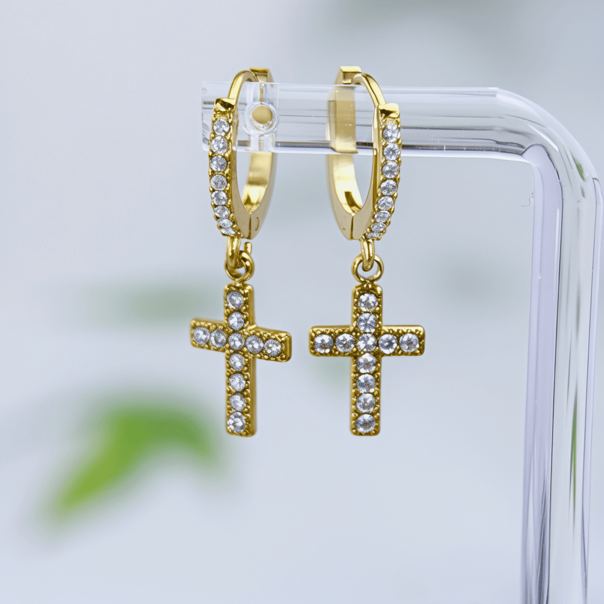 Waterproof gold cross drop earrings with sparkling stones