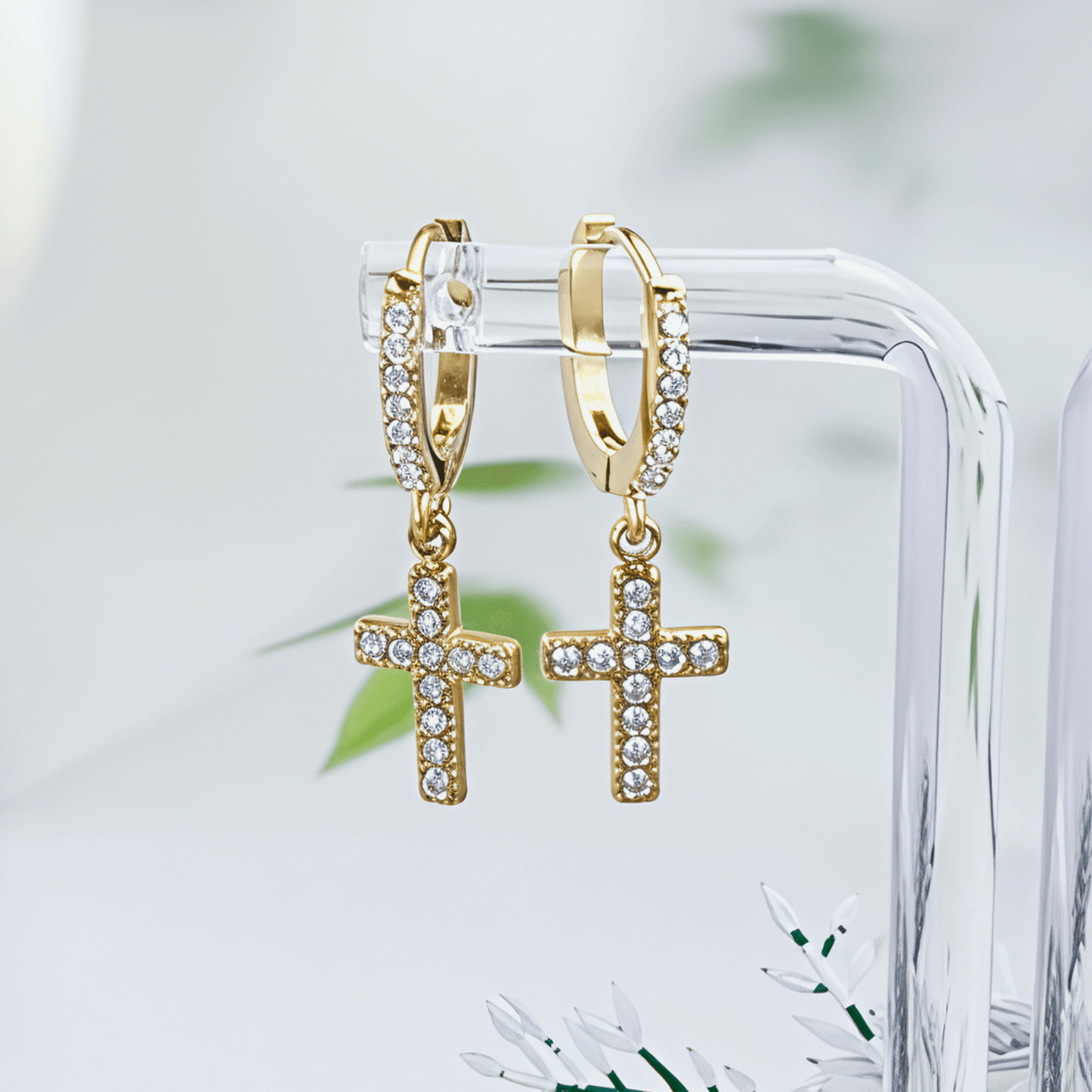 Waterproof gold cross drop earrings with sparkling stones