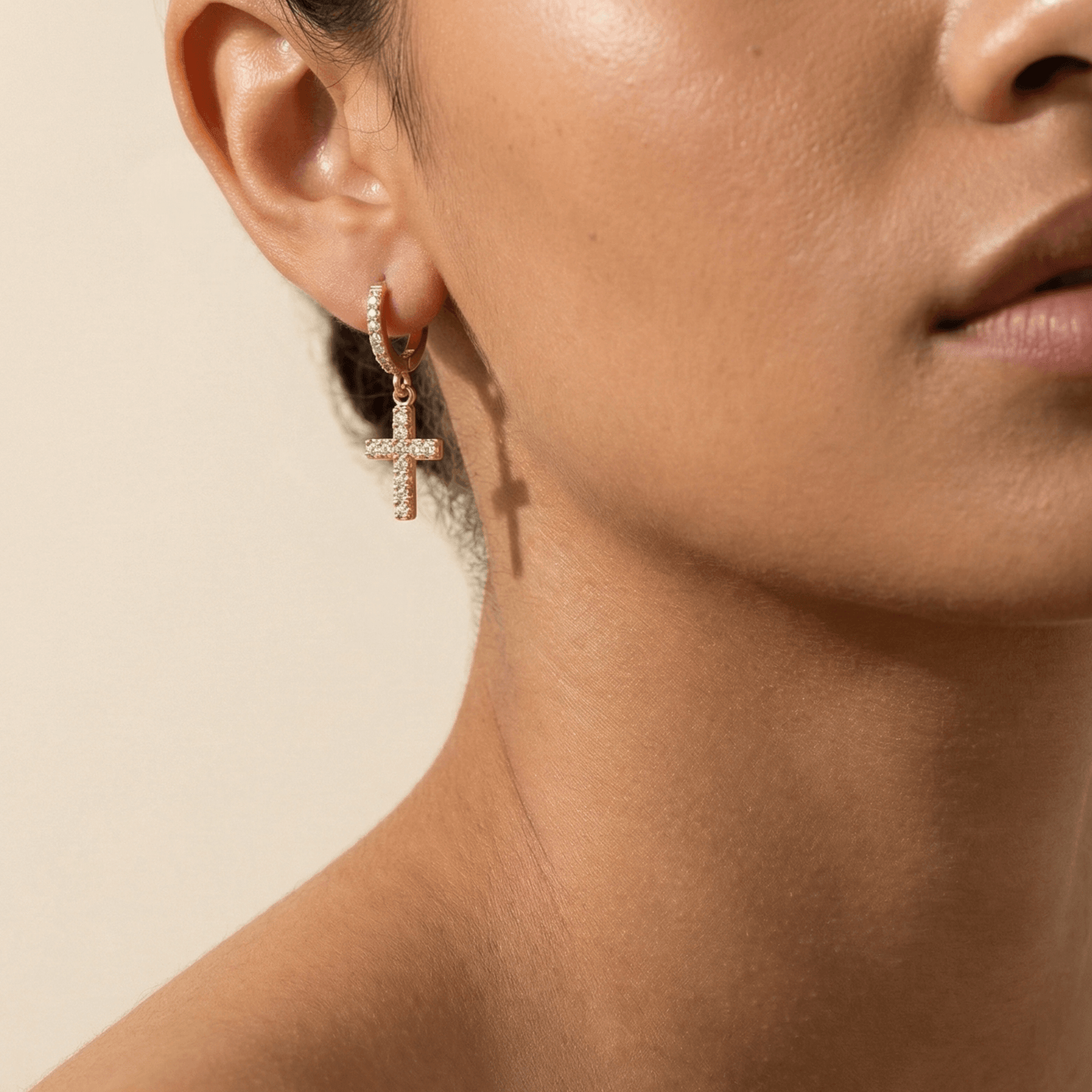 Waterproof gold cross drop earrings with sparkling stones