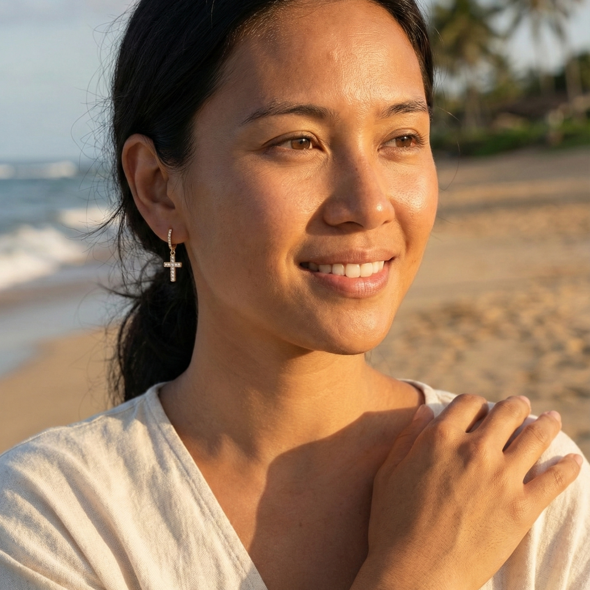 Waterproof gold cross drop earrings with sparkling stones
