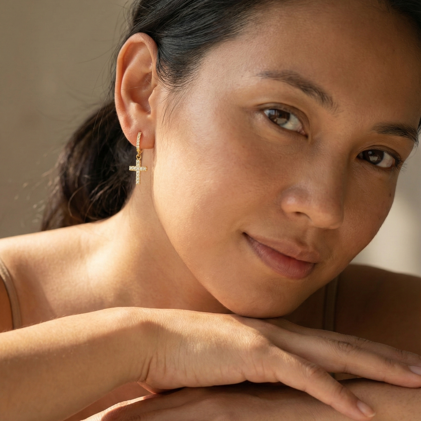 Waterproof gold cross drop earrings with sparkling stones