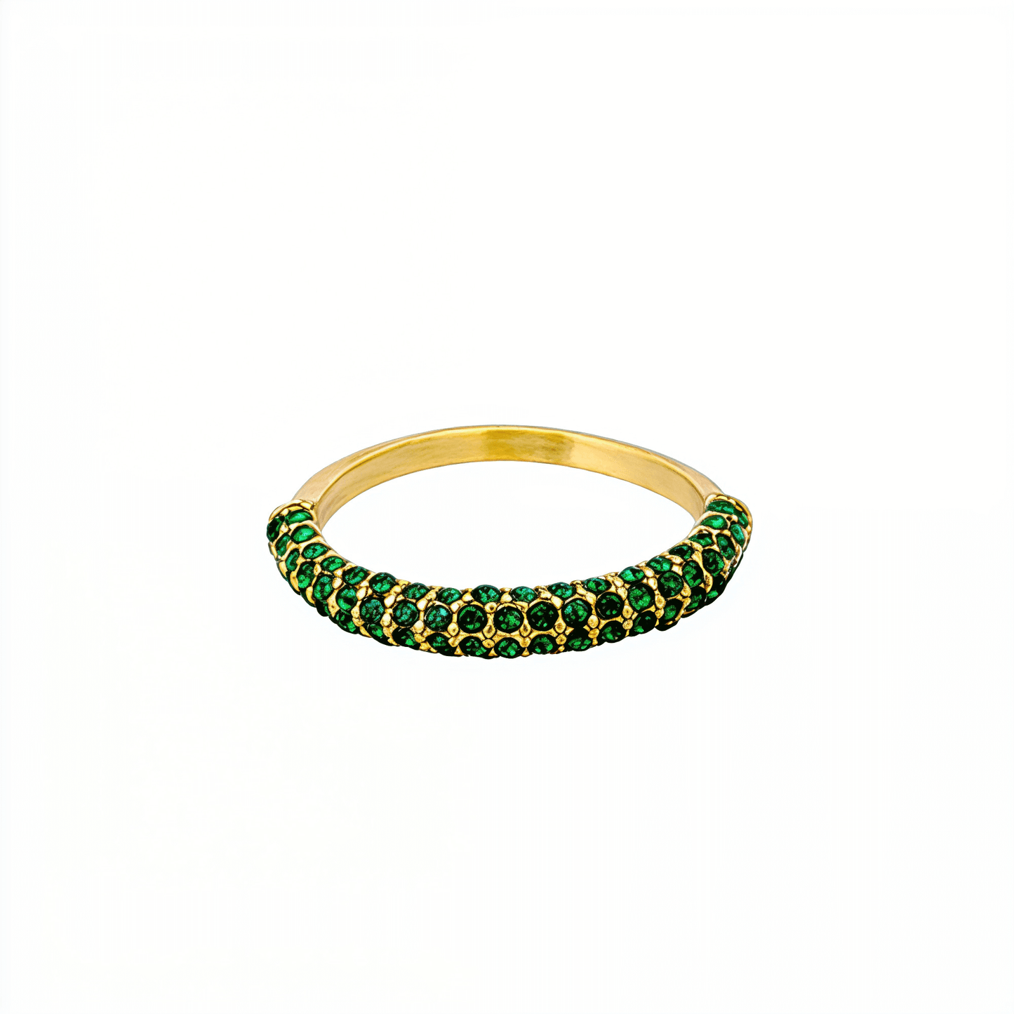 Gold pavé ring with emerald-green crystals in a curved arc design.