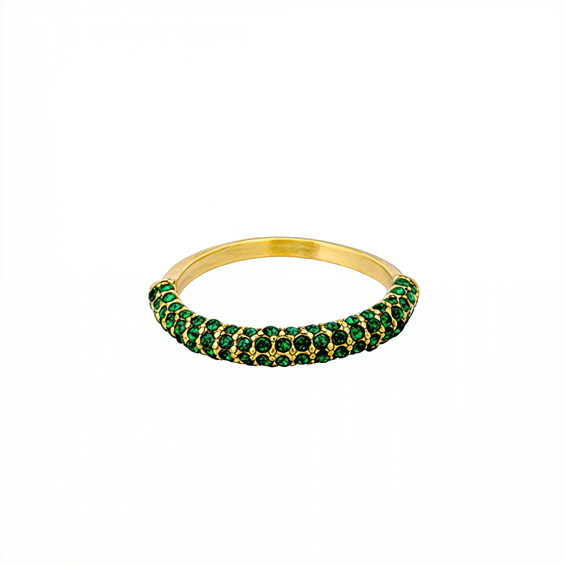 Gold pavé ring with emerald-green crystals in a curved arc design.