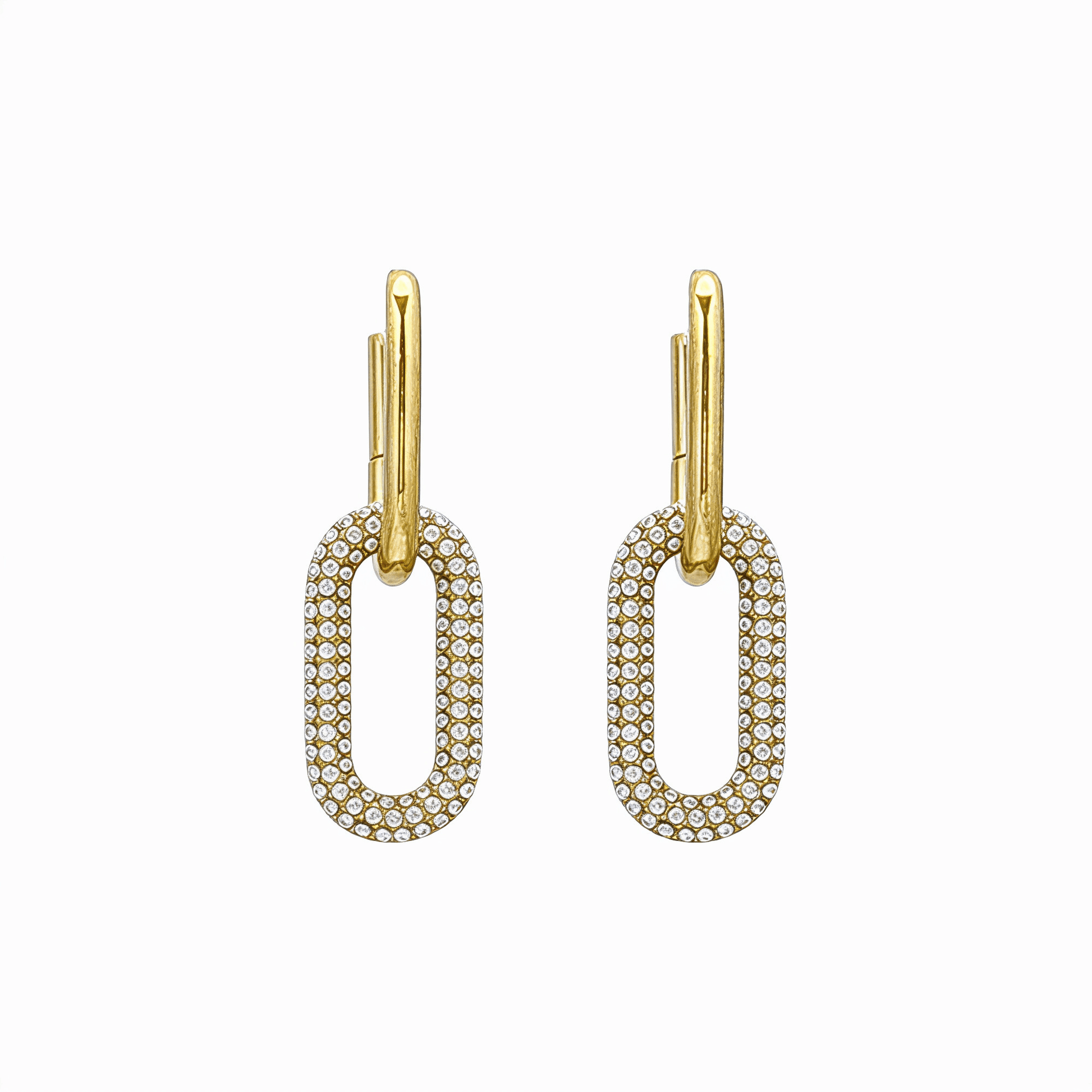 Gold pavé link drop earrings with an elongated sparkling charm hanging from a smooth gold huggie.