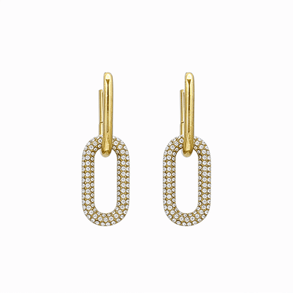 Gold pavé link drop earrings with an elongated sparkling charm hanging from a smooth gold huggie.