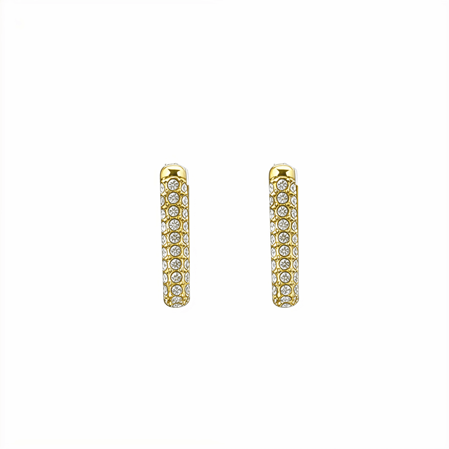 Pavé rectangular gold huggie earrings with modern geometric shape.