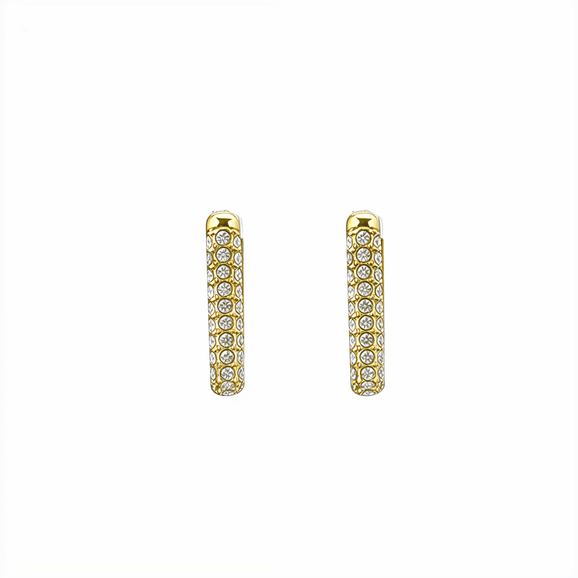 Pavé rectangular gold huggie earrings with modern geometric shape.