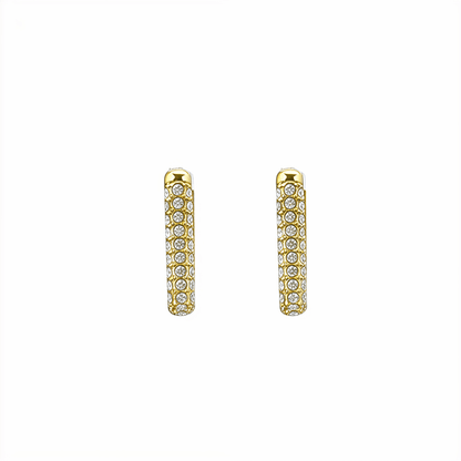Pavé rectangular gold huggie earrings with modern geometric shape.