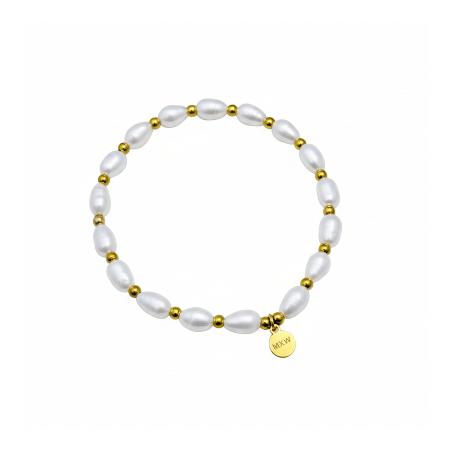 Pearl and Gold Bracelet with freshwater pearls and gold beads on stretch cord by MXW Jewellery