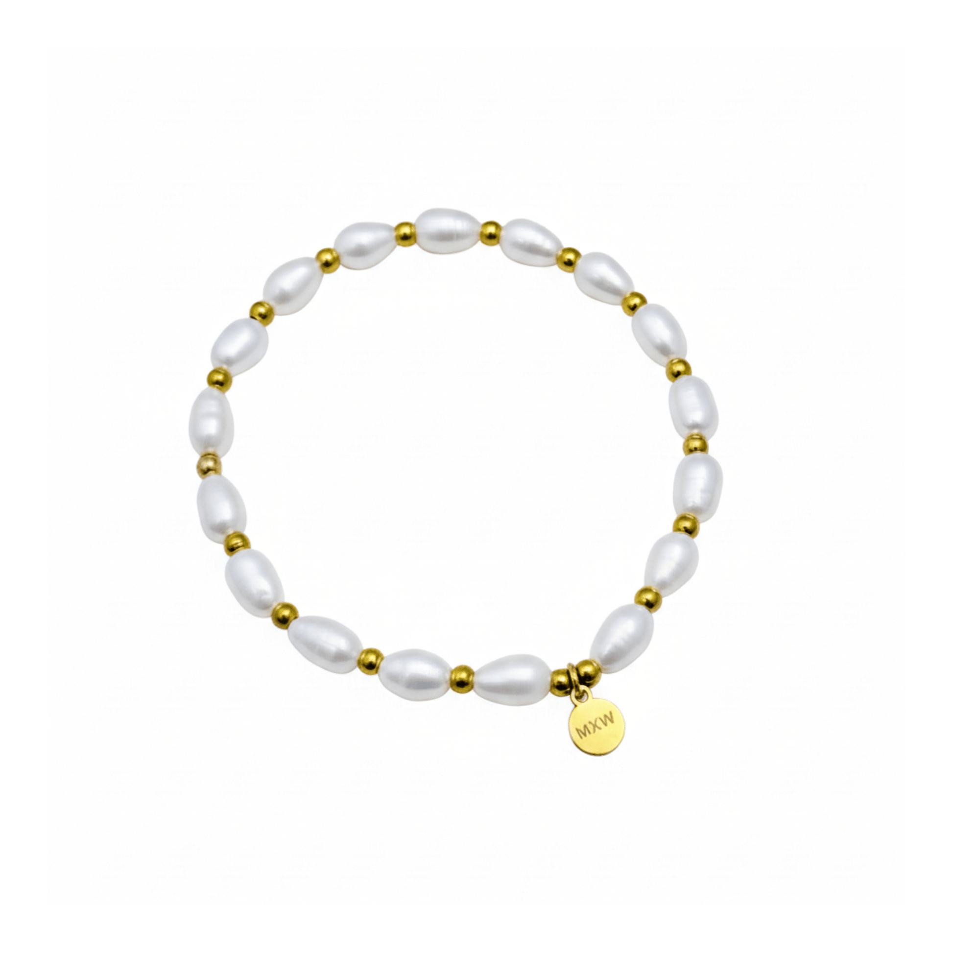 Pearl and Gold Bracelet with freshwater pearls and gold beads on stretch cord by MXW Jewellery
