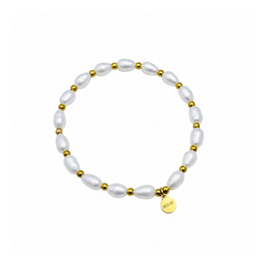 Pearl and Gold Bracelet with freshwater pearls and gold beads on stretch cord by MXW Jewellery