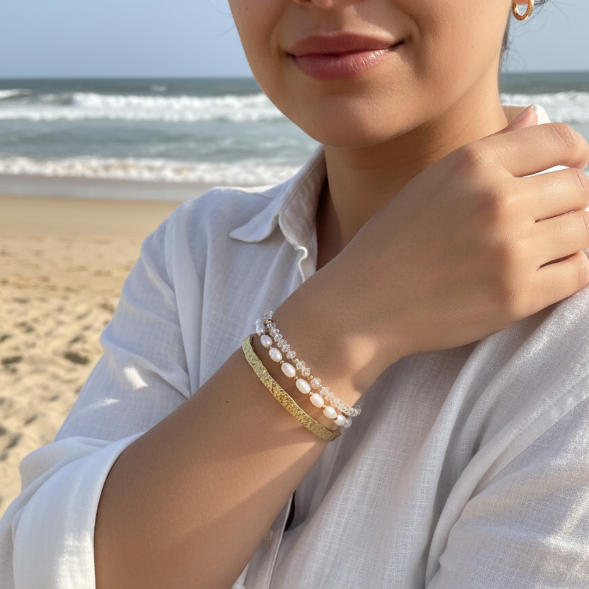 Pearl and Gold Bracelet with freshwater pearls and gold beads on stretch cord by MXW Jewellery