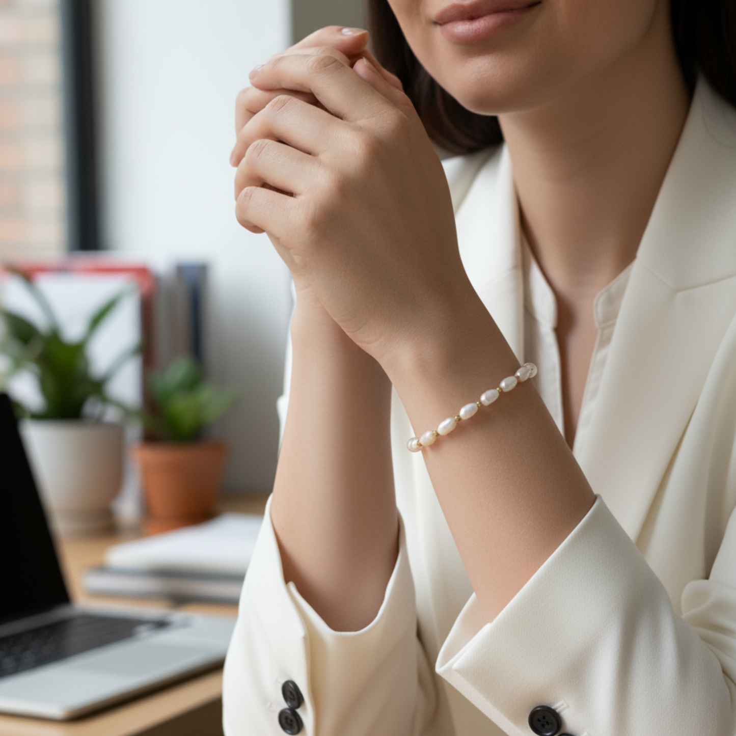 Pearl and Gold Bracelet with freshwater pearls and gold beads on stretch cord by MXW Jewellery