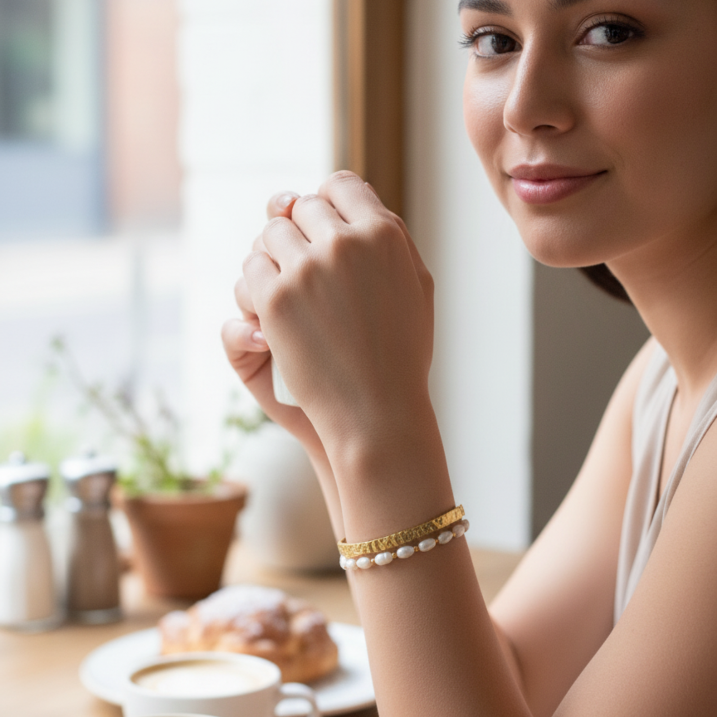 Pearl and Gold Bracelet with freshwater pearls and gold beads on stretch cord by MXW Jewellery