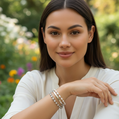 Pearl & Silver Bracelet with freshwater pearls and silver beads on stretch cord by MXW Jewellery