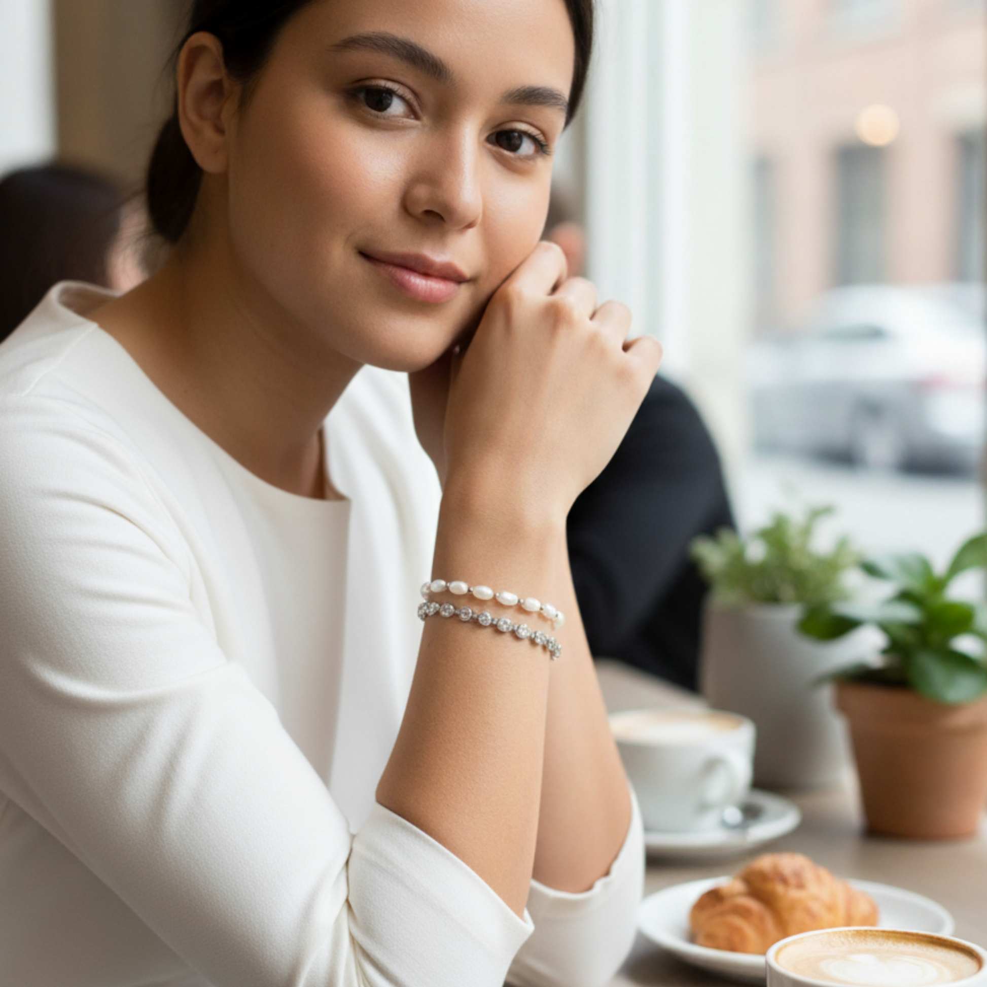 Pearl & Silver Bracelet with freshwater pearls and silver beads on stretch cord by MXW Jewellery