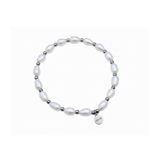Pearl & Silver Bracelet with freshwater pearls and silver beads on stretch cord by MXW Jewellery