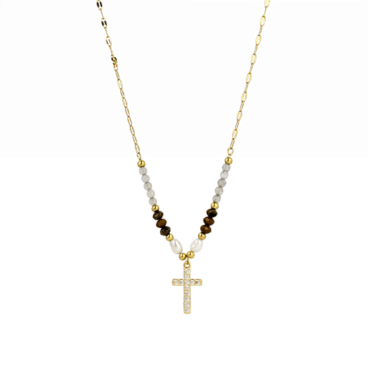Pearl & Tiger’s Eye Gold Cross Necklace – MXW Jewellery