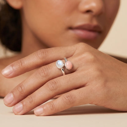Personalised two-birthstone ring with natural oval gemstones in polished 925 sterling silver