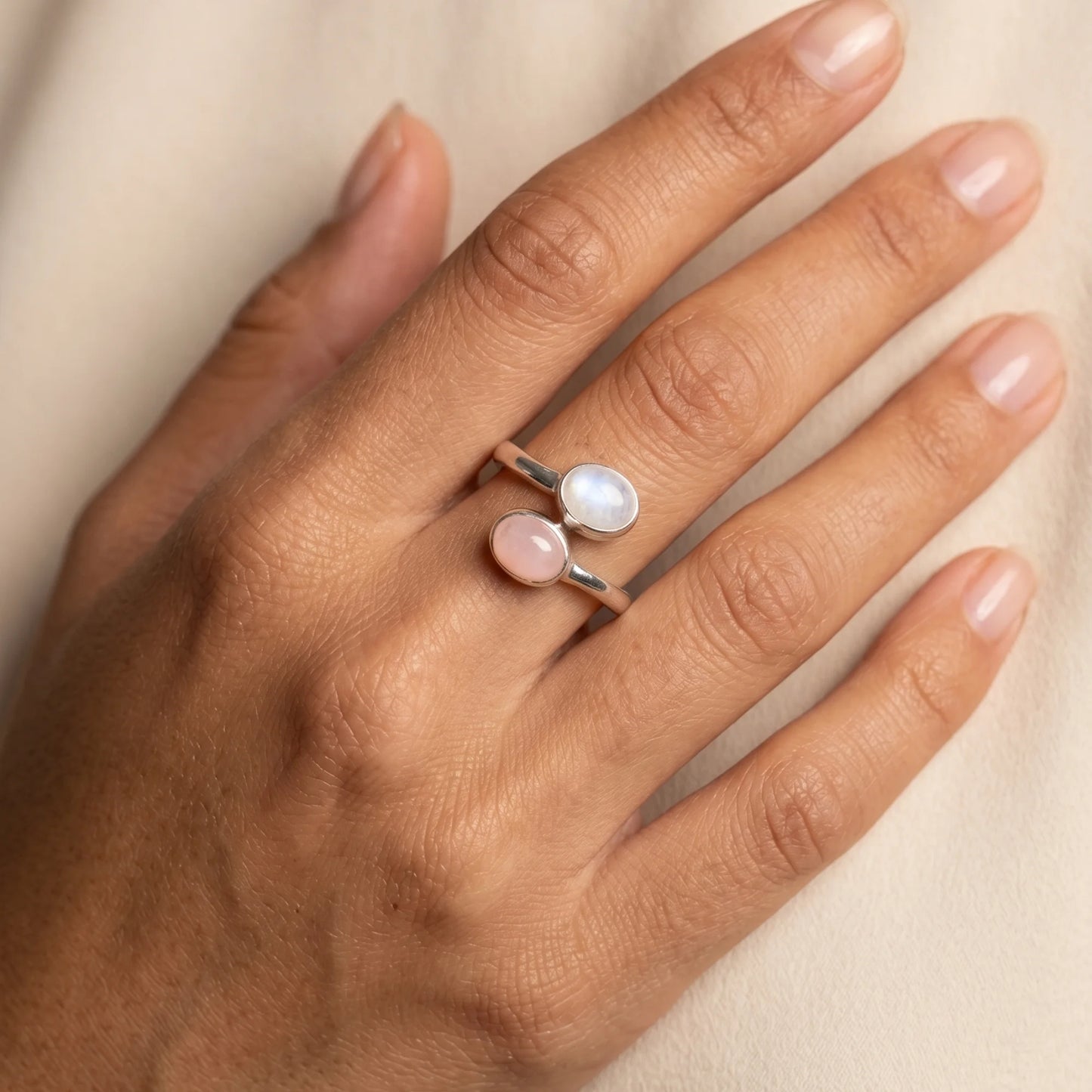 Personalised two-birthstone ring with natural oval gemstones in polished 925 sterling silver